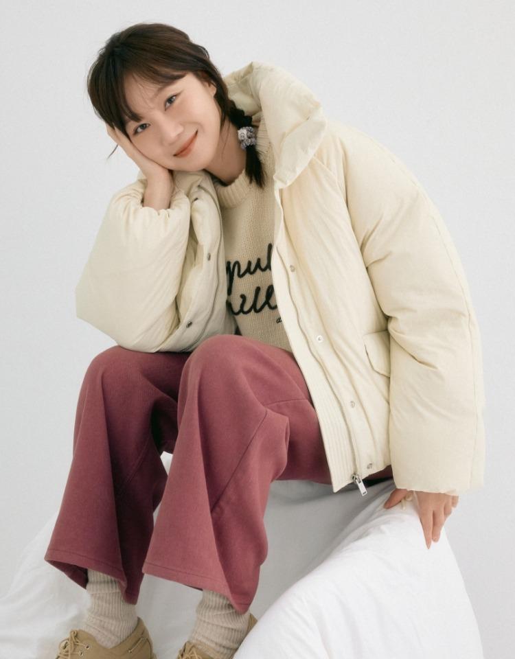 stand collar duck down padded jumper - butter