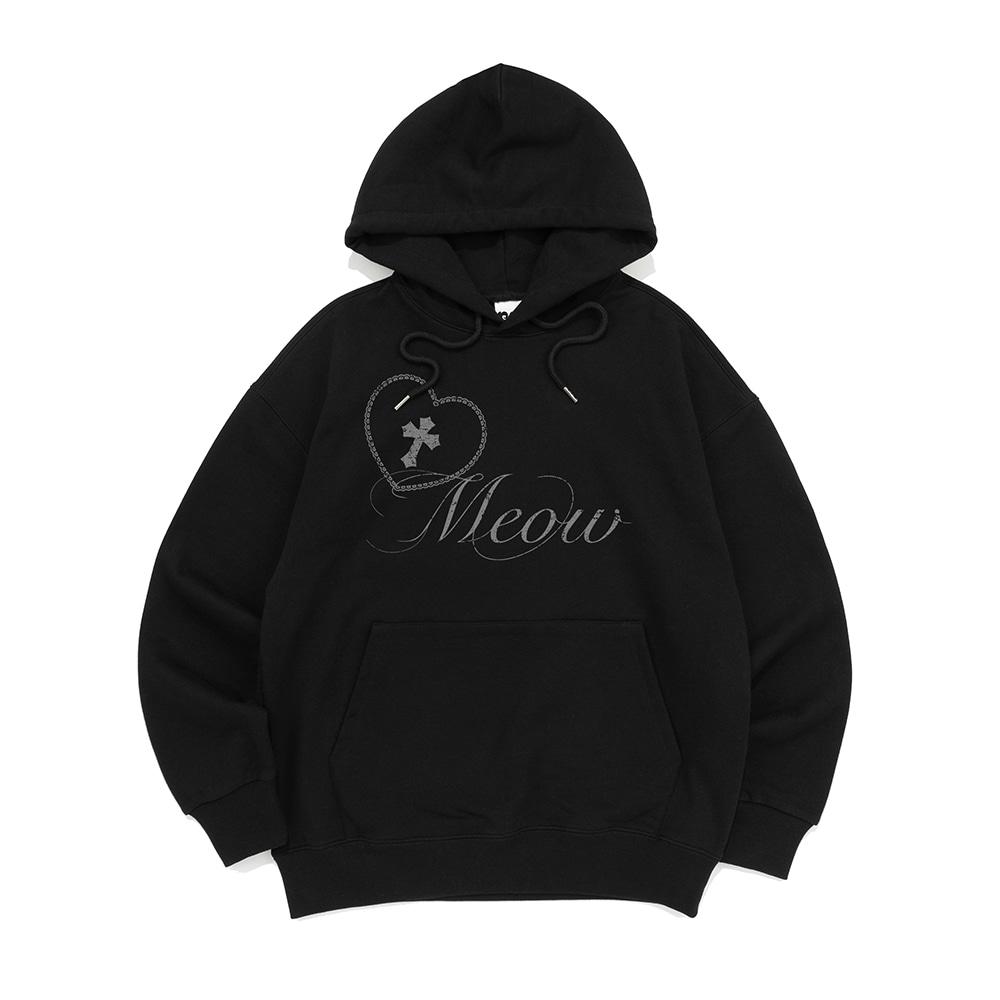 CROSS HEART MEOW PRINT HOODIE (BLACK)