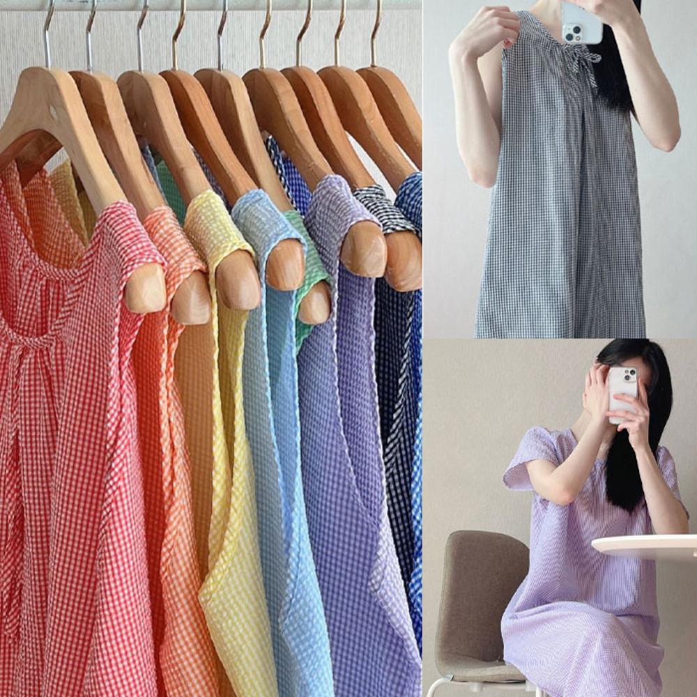 00012 여자 지짐이 체크 원피스 여름 민소매 반팔 홈웨어 파자마 드레스