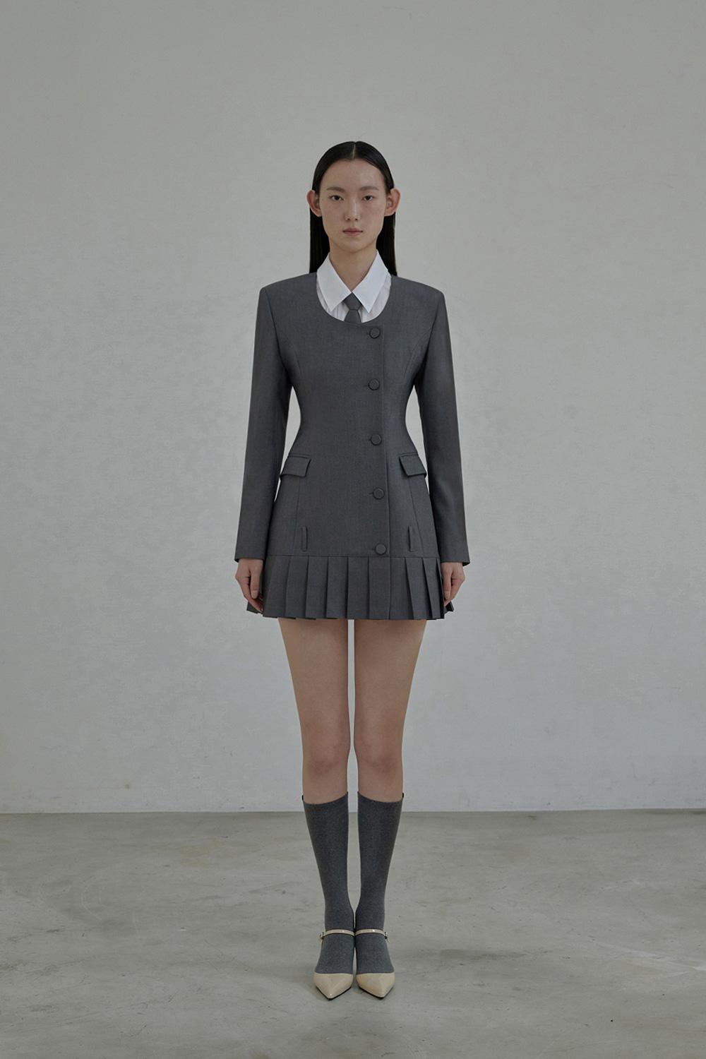 Jenn round neck pleated suit jacket dress - Grey