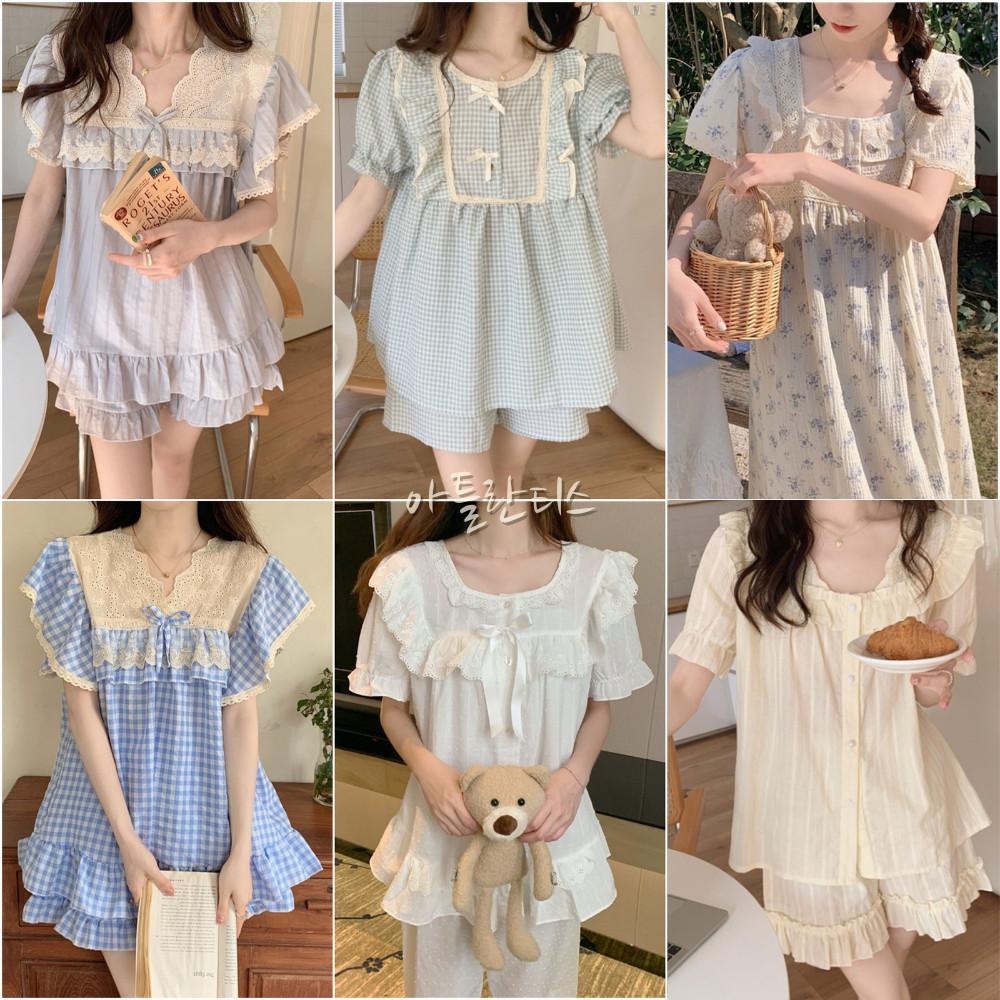 레이스 공주 홈웨어 원피스 여성 여름잠옷 세트 파자마