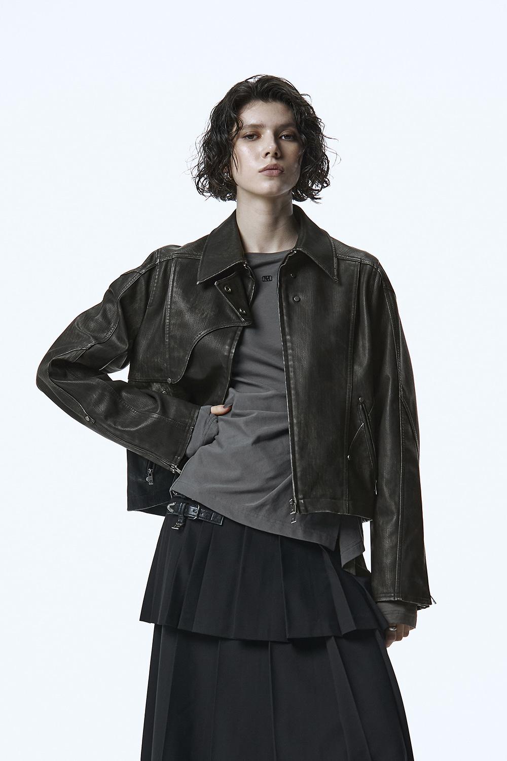 Vintage Washed Leather Jacket [ Dark brown ]