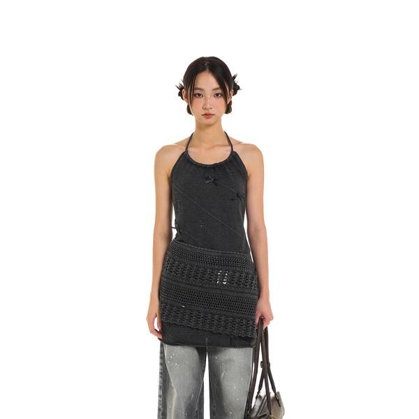 Moromoro ribbon water-polished woolen design sleeveless dress