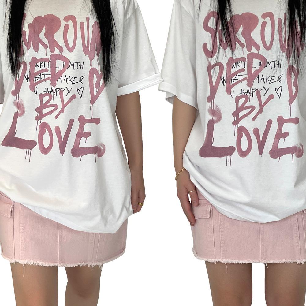 레터링 페인팅 하트 러브 오버핏 반팔 티셔츠