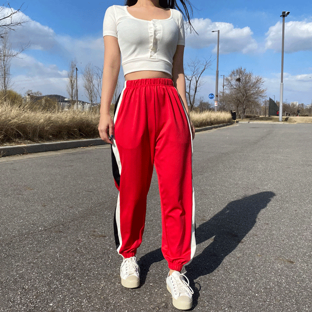 빅사이즈가능 두줄 배색 밴딩 트레이닝 쭈리 조거팬츠 (레드/블랙)
