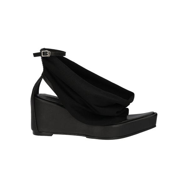 DRAPED LEATHER WEDGE SANDALS 02 BLACK