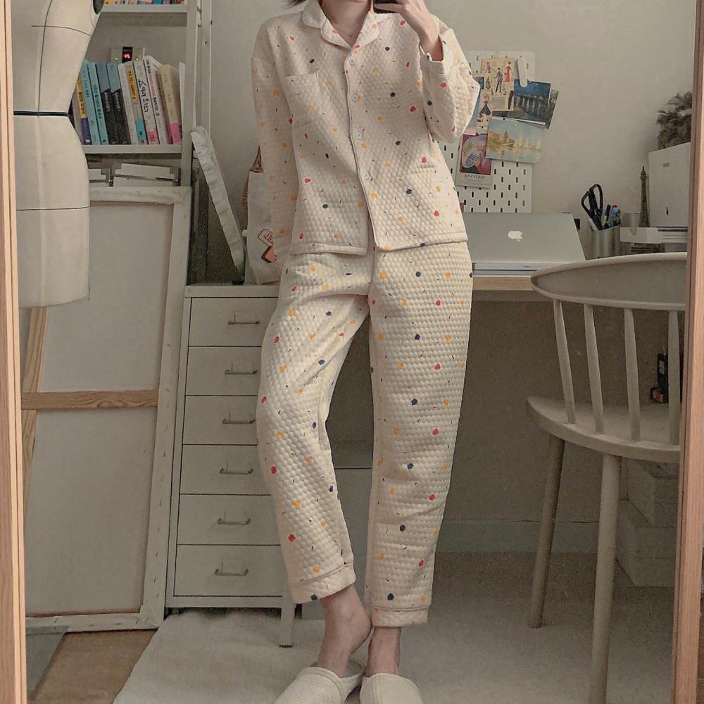 도트 누빔 파자마 바지 투피스 세트 따뜻한 겨울잠옷 [어바니떼]