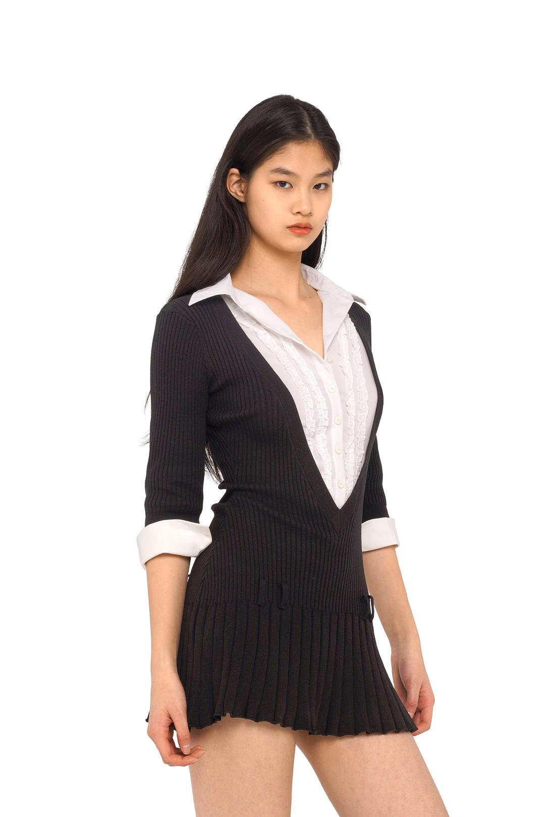 V-NECK RUFFLE BLOUSE COLLAR DRESS - XS