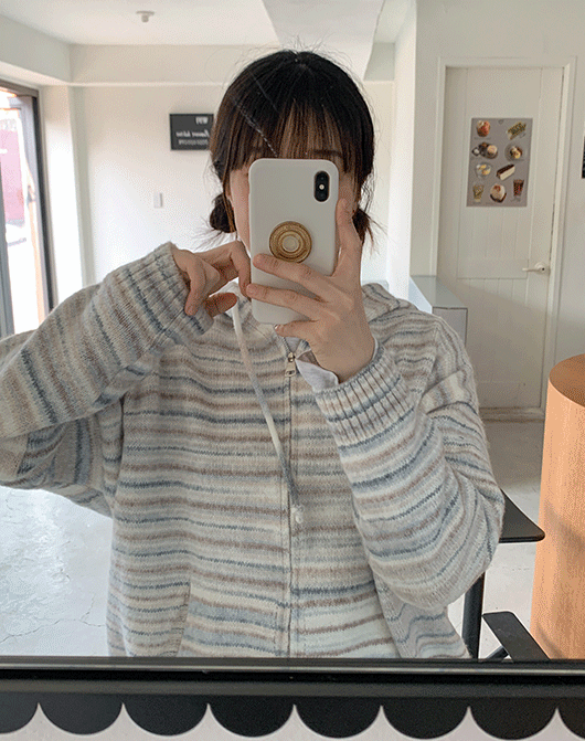 하벤 스트라이프 울 니트 후드 집업 가디건 (3color)-울 50