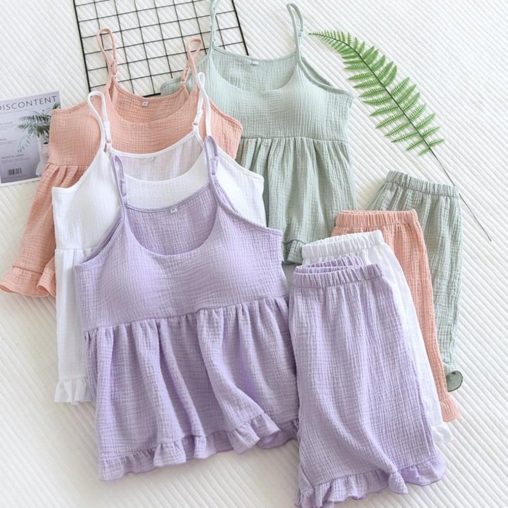 끈나시 브라 캡내장 순면 요루면 반바지 홈웨어 실내복 무지 잠옷