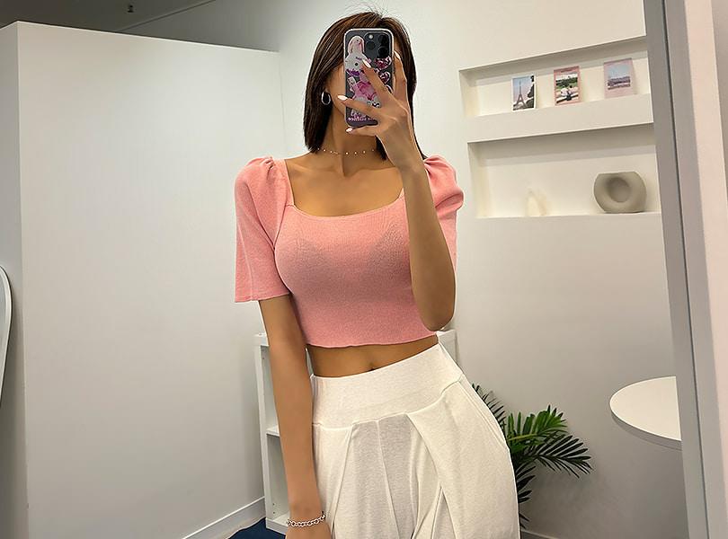 (퍼프니트/여신룩/글램크롭) 베리에티 여리핏 크롭니트 크롭티 크롭탑 슬림니트 볼륨핏 글램핏 데이트룩 꾸안꾸룩 클럽룩 파티룩 슬림티