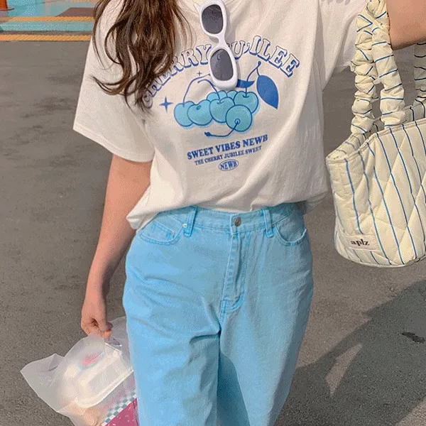 [상큼🍒CHERRY ] 나염 빈티지 티셔츠 레터링 영문 프린팅 루즈핏 기본 반팔티