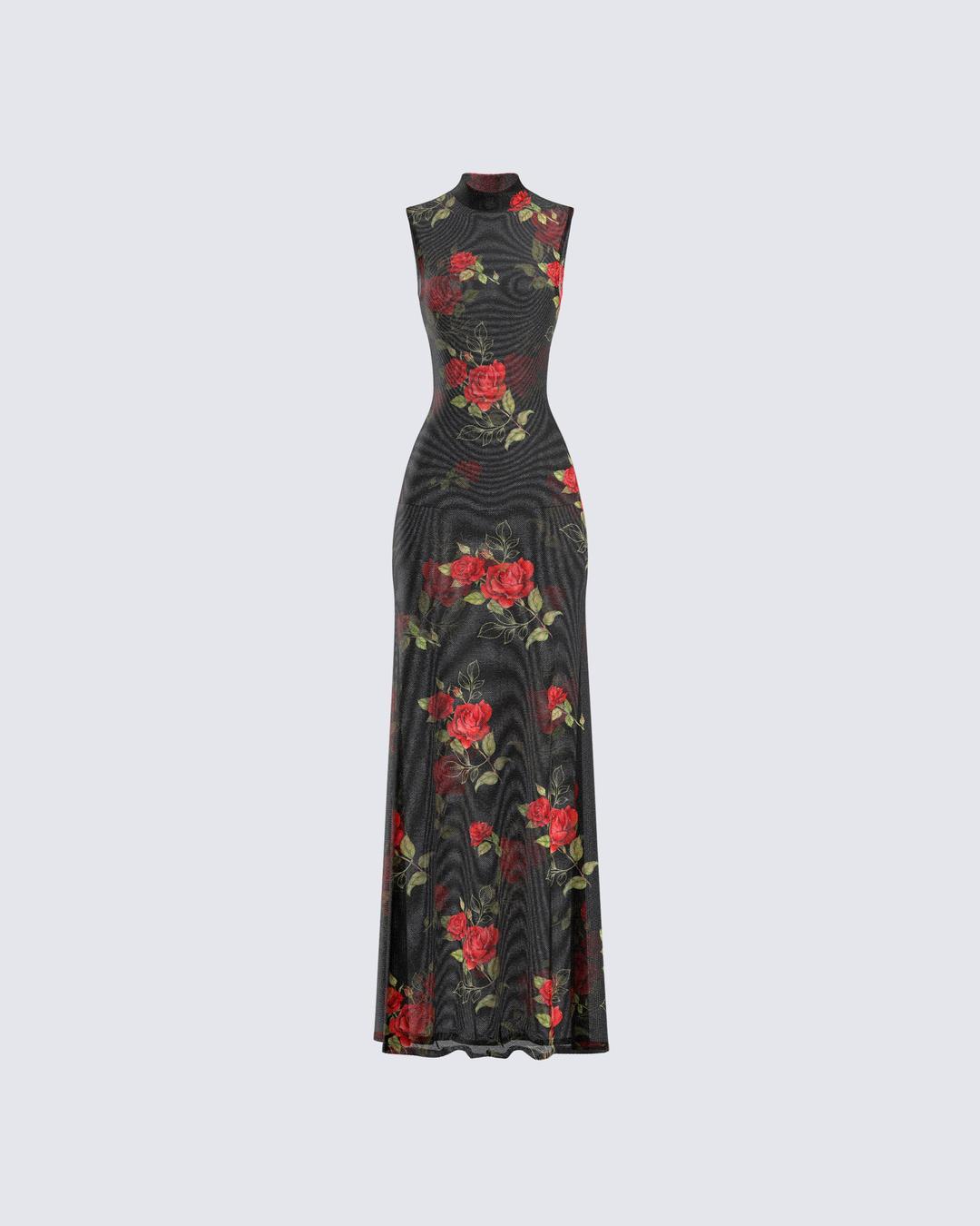 Tata Rose Print Mesh Maxi Dress - XS