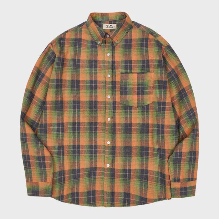 오버핏 포켓 체크 셔츠 오렌지