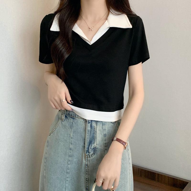 여름 더블레이어드 여성 티셔츠 카라 반팔 크롭 면티 슬림 봄 간절기 코튼 탑 상의 이너 심플 베이직 데일리룩 30대 40대 여자 레이디 기본티 단체티 편한 캐주얼 빅사이즈 검은색 블랙 검정 그레이 레이어드