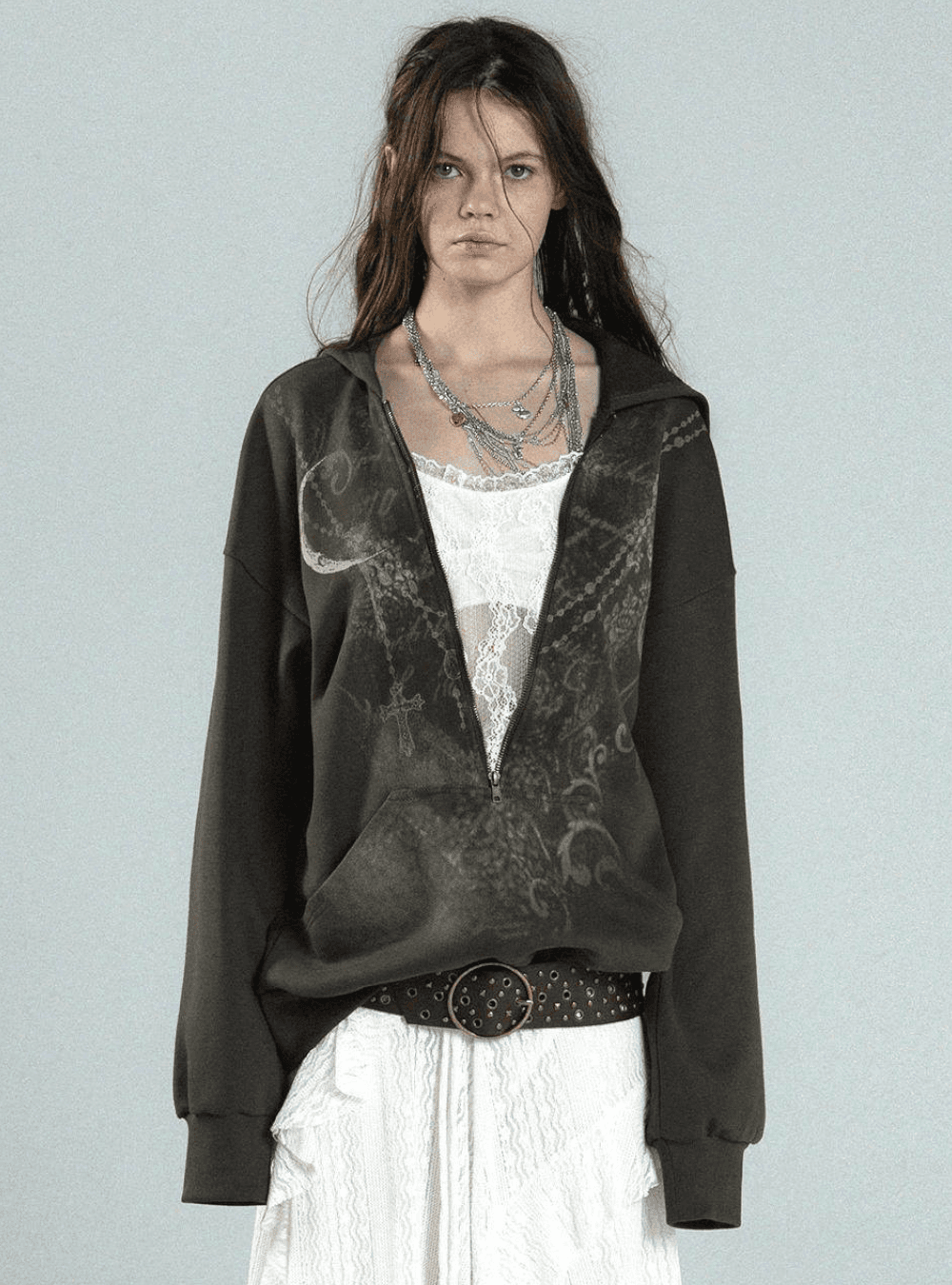 White Lace Layered Batwing Hoodie (2color)