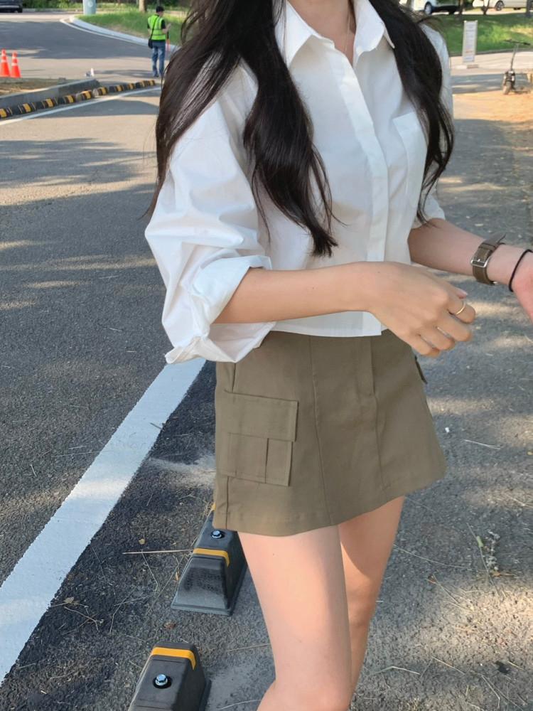 히든버튼 크롭셔츠 (2color) 베이직셔츠 여자셔츠코디