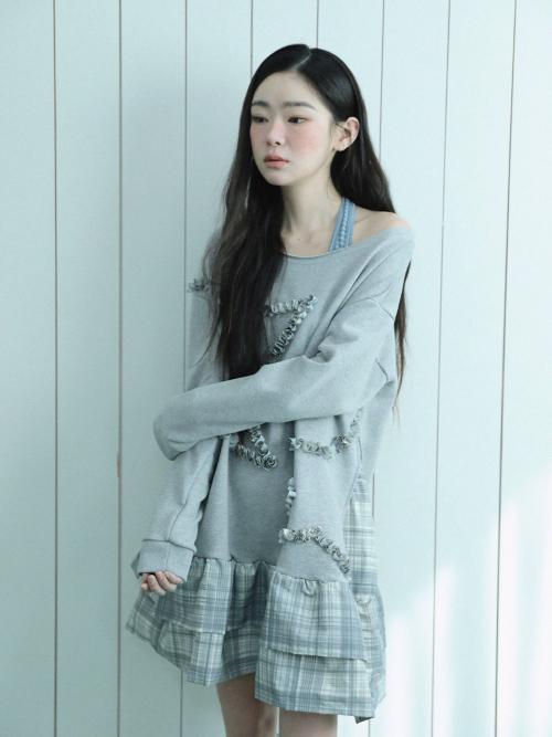체크 오프숄더 스웻셔츠 드레스(그레이)