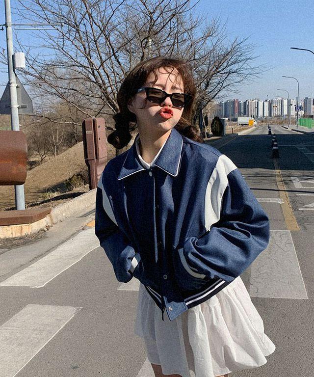 [Blue❤️] 벌스데이 바시티 자켓 카라 야구잠바 똑딱이 단추 배색 세미크롭 봄 점퍼 과잠