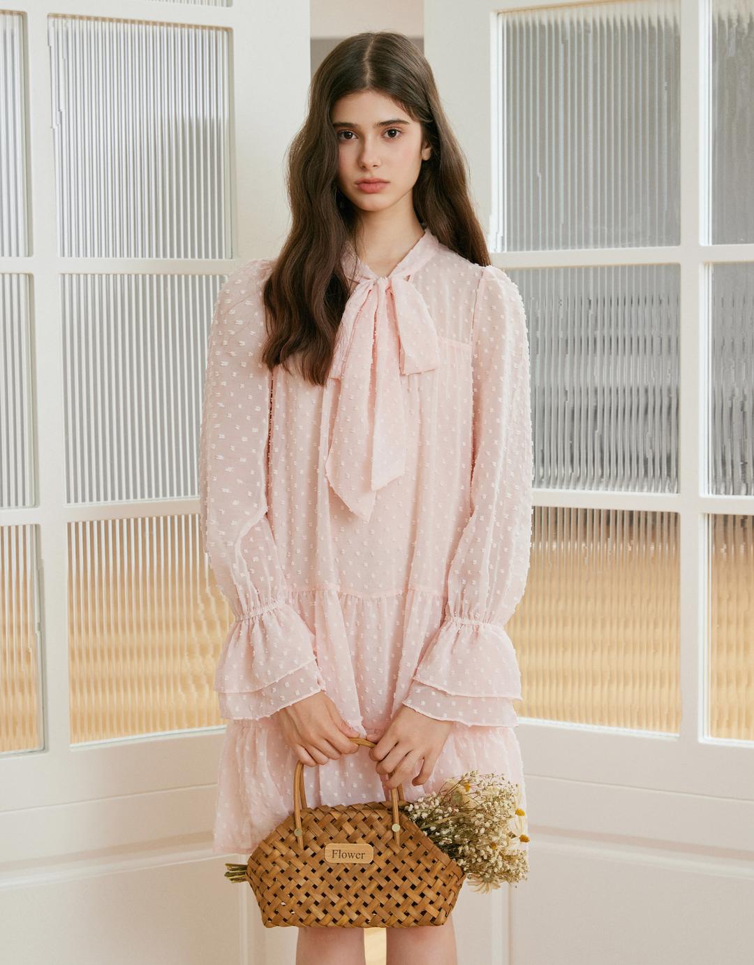 로아스 리본 타이 캉캉 셔링 미니원피스 핑크