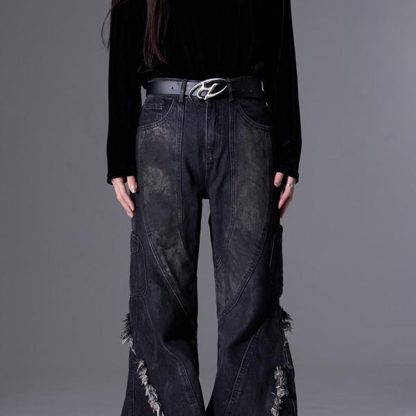 line raw edge distressed washed slightly flared jeans