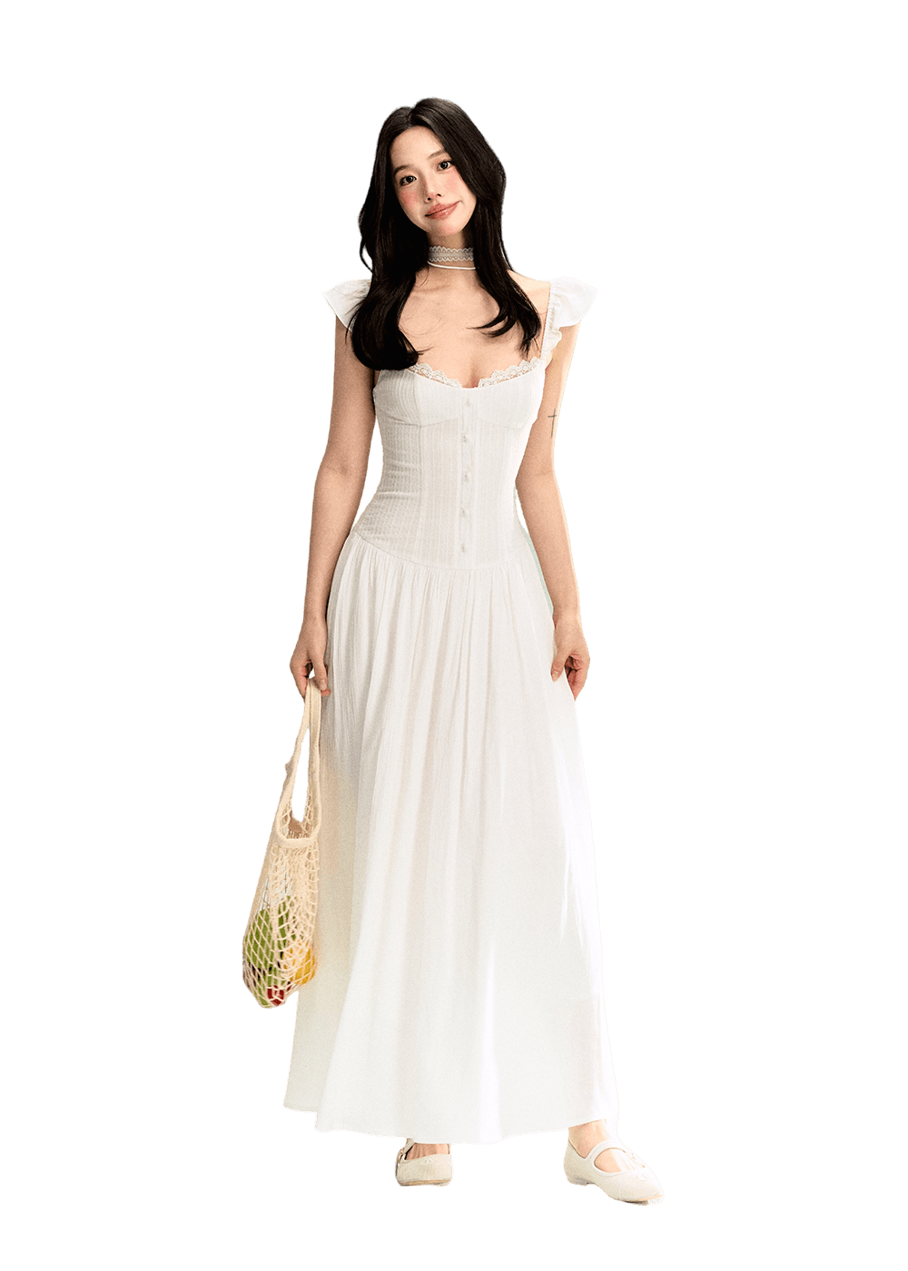 LLDC 'SUMMER DREAM' French Style White Cotton Ruffled Single Lined Button Down Cinched Waist Long Dress