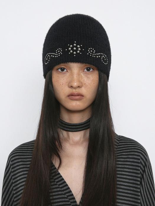 ORNAMENT FAUX ANGORA BEANIE, BLACK