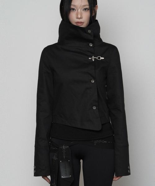 Wide High-neck Side Button Jacket (BLACK)