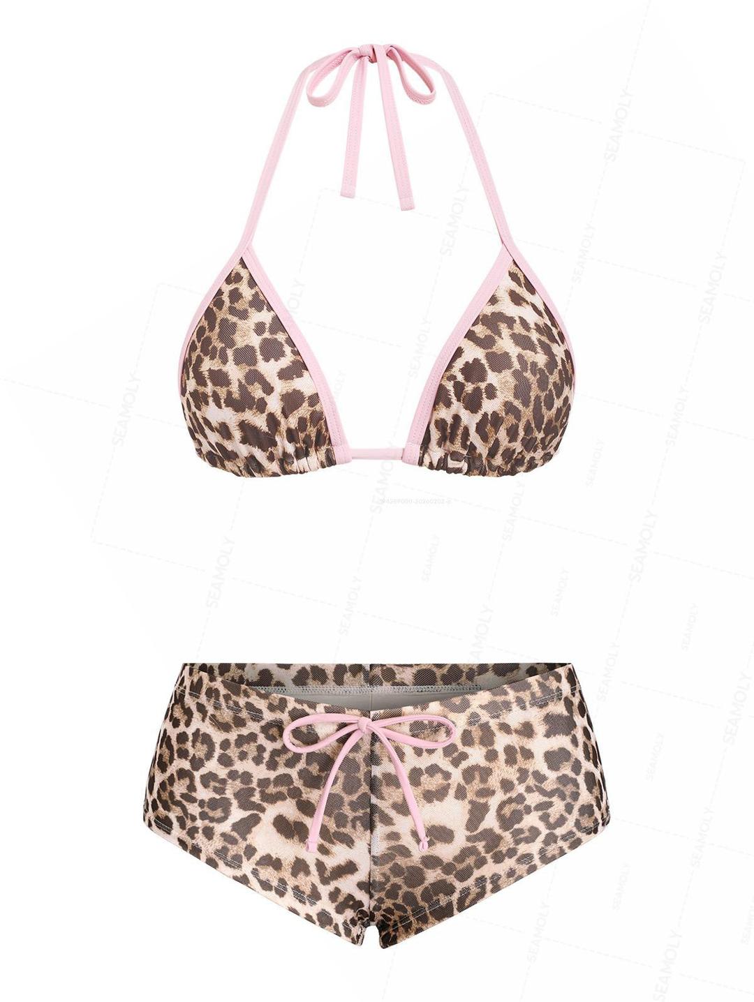 Seamolly Mesh Leopard Print Contrast Binding Cheeky Boyshorts Bikini Set