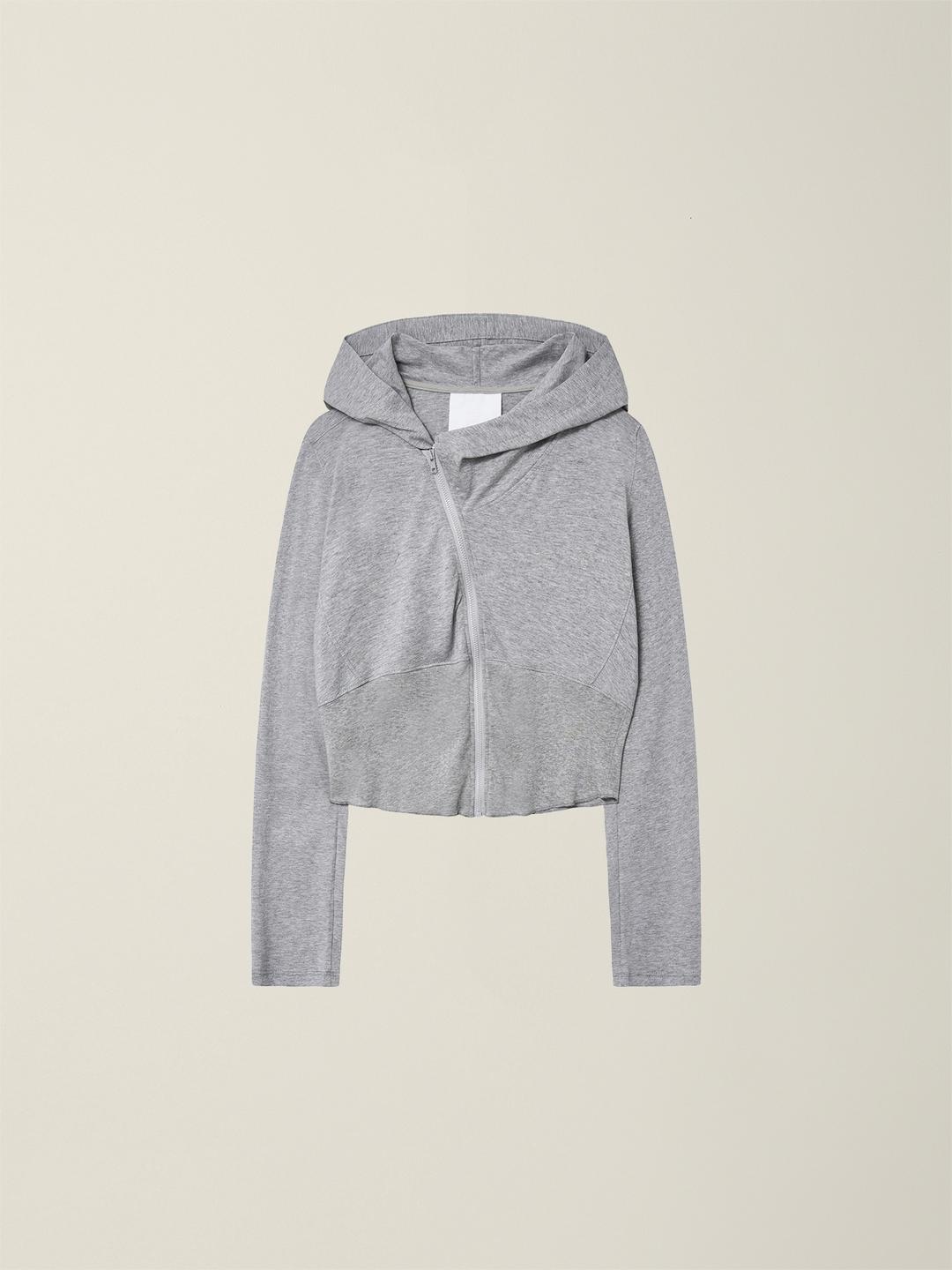 WOMENS CURVED HOODED COTTON ZIP JACKET (LIGHT FABRIC)  MELANGE GREY