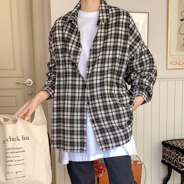 엠지 오버 백오픈 체크남방 오버핏 박스 여성 빅사이즈