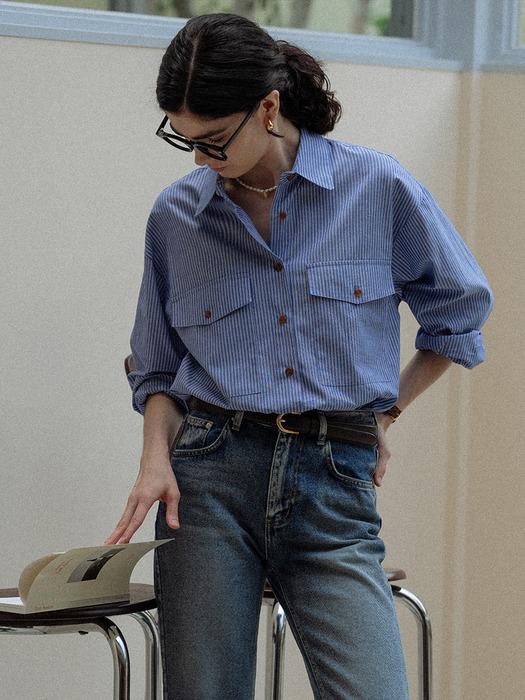 Stripe two pocket over shirt(Blue)