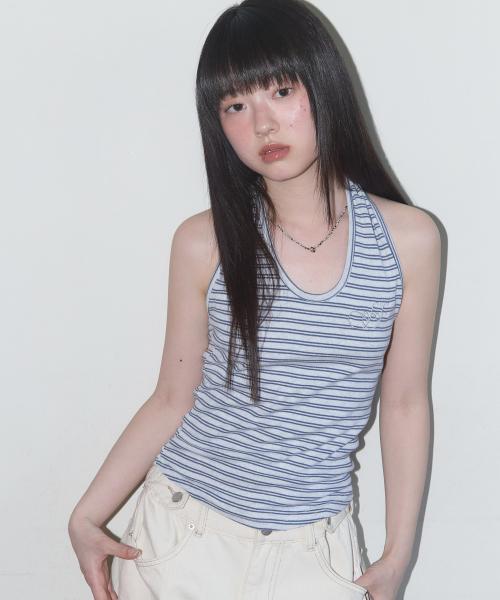 스트라이프 오픈백 홀터넥 (BLUE) F25QB133