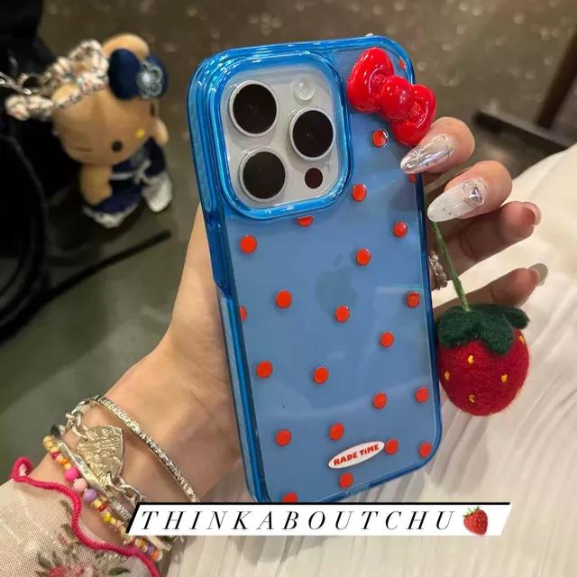 인기🍓블루 도트  리본 딸기 귀여운 아이폰케이스 딸기키링 스트랩 키치케이스 하이틴케이스 아이폰케이스 아이폰투명케이스 아이폰12 13 14 15 프로 맥스 PRO MAX