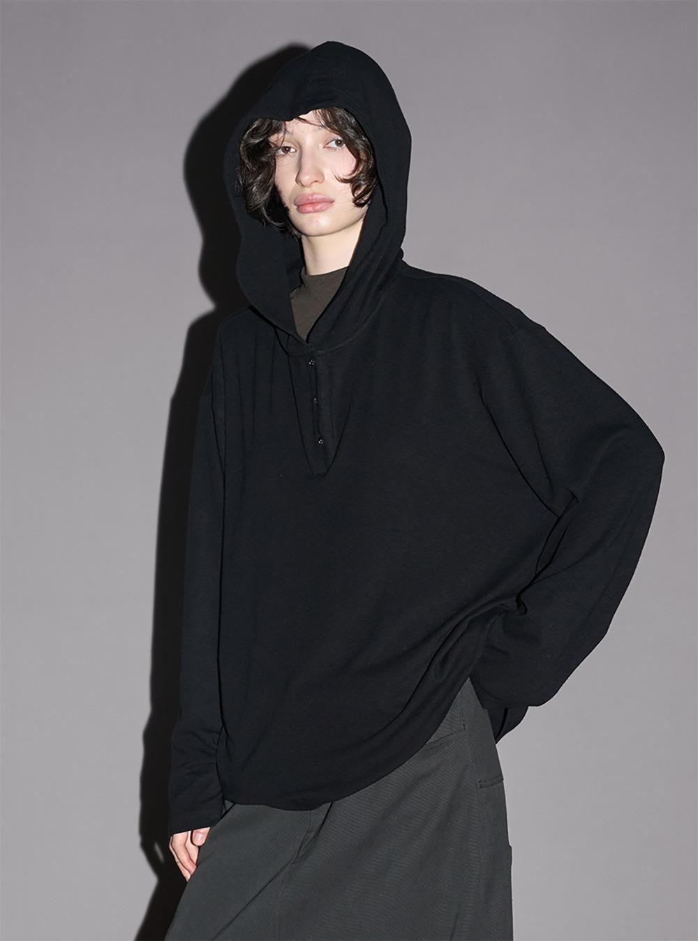 Textured Three-Button Hooded Knit Top