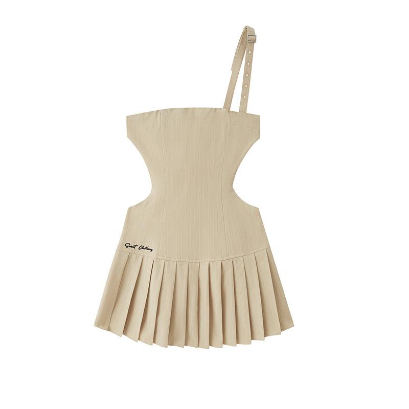 ONE-SHOULDER PLEATED MINI DRESS &  CROPPED TUBE TOP SET - XS / BEIGE / DRESS