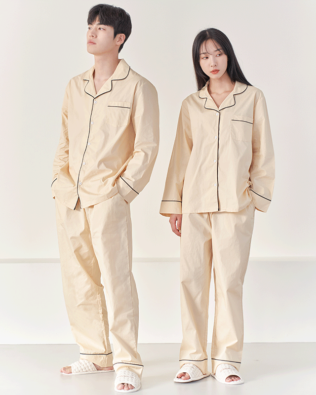[8천장 돌파] 안파 커플 잠옷 파자마 홈웨어 선물 집들이 수면 신혼부부 무지 고급 순면 베이지 긴팔 세트 ANPA09