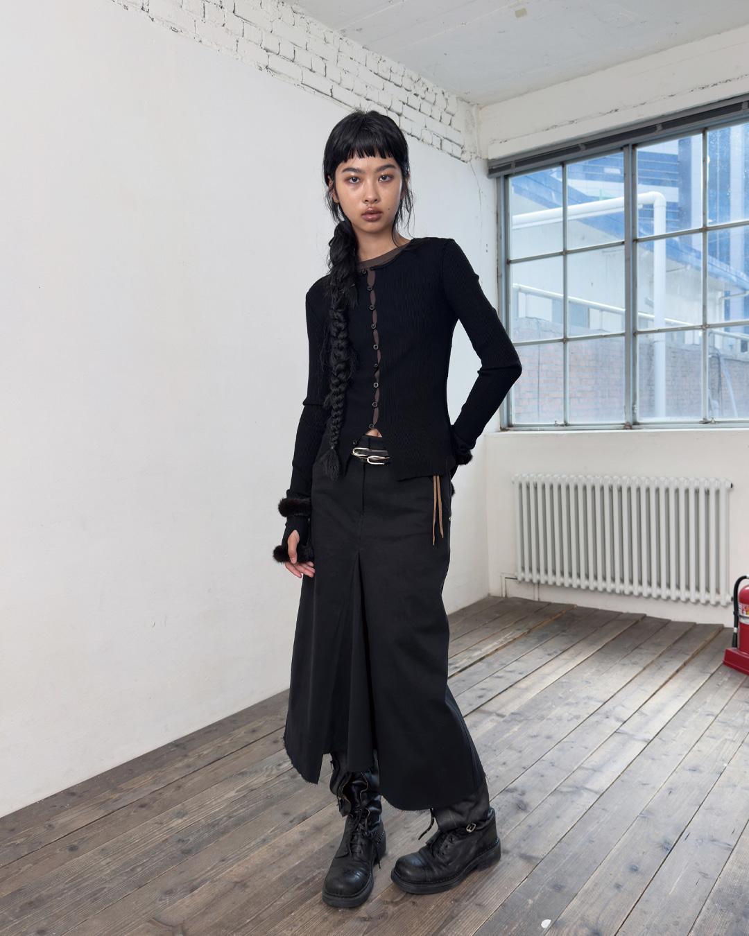 RIBBED BUTTON CARDIGAN-BLACK