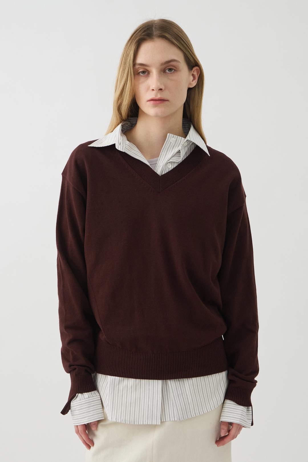 SLEEVE-CUT FINE COTTON V NECK SWEATER - DARK BROWN (W)