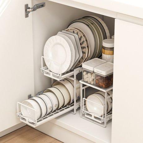 빌트인 철제 2단 슬라이딩 그릇 정리대 정리서랍 꽂이