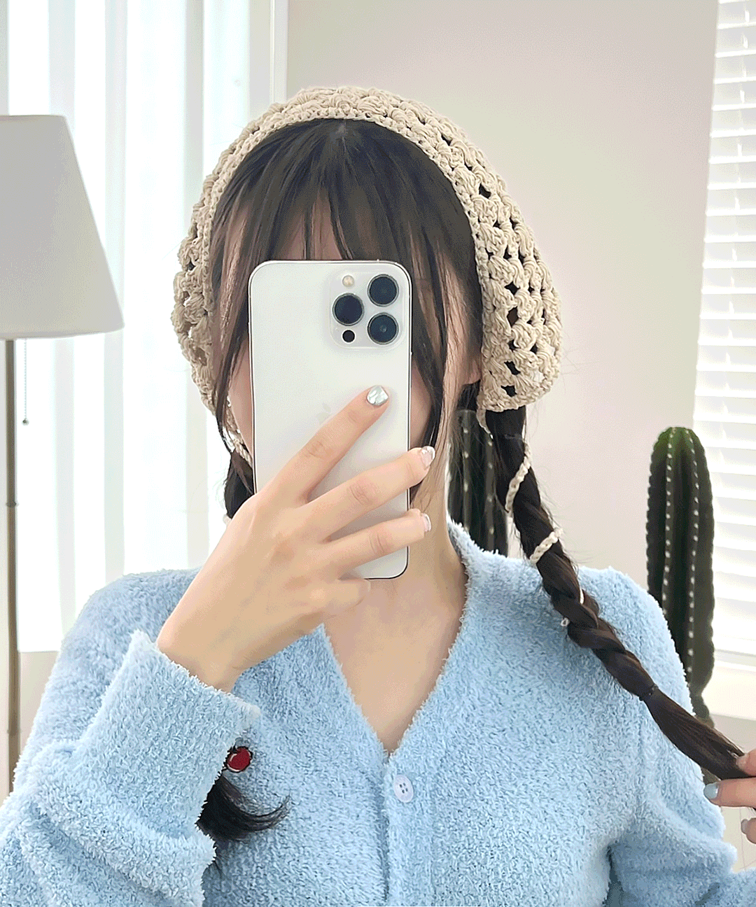 [트랜디템] 니트 뜨개 보넷 반다나 머리띠 삼각 두건 모자 헤어 커치프