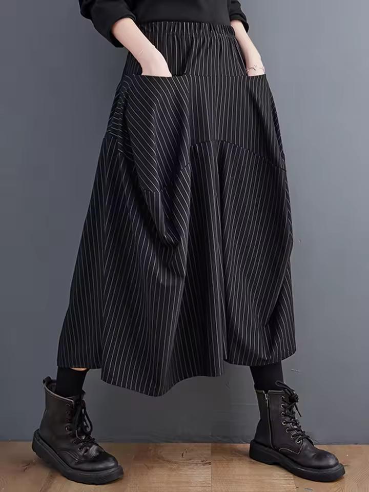 블랙 높은 탄성 허리 스트라이프 플러스 사이즈 넓은 다리 바지 여성 포켓 느슨한 캐주얼 패션 숙녀 바지 봄 가을 2025