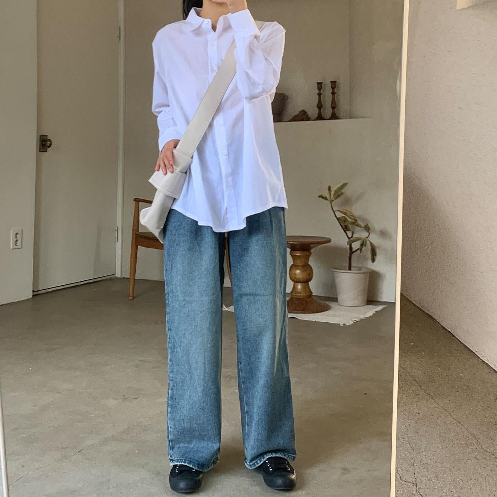 [세트] 엘리카 코튼 셔츠 화이트 + 토이 투핀턱 데님 팬츠