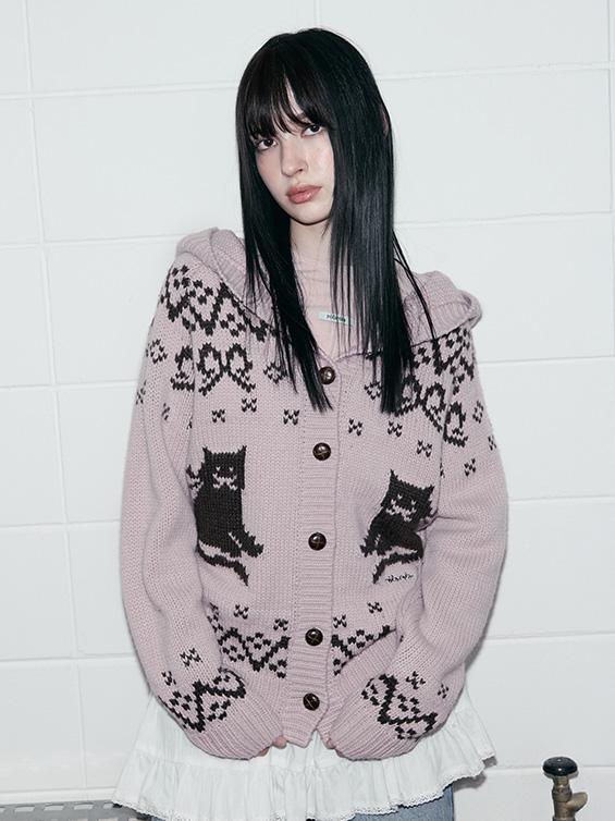 CAT JACQUARD HOODIE CARDIGAN PINK