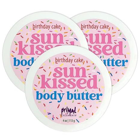 Primal Elements Sunkissed Body Butter with Coconut Oil, Shimmering Moisturizer for Ultimate Hydration and Nourishment, Suitable for All Skin Types, Instant Glow – Birthday Cake, 3 pack (4 oz each)