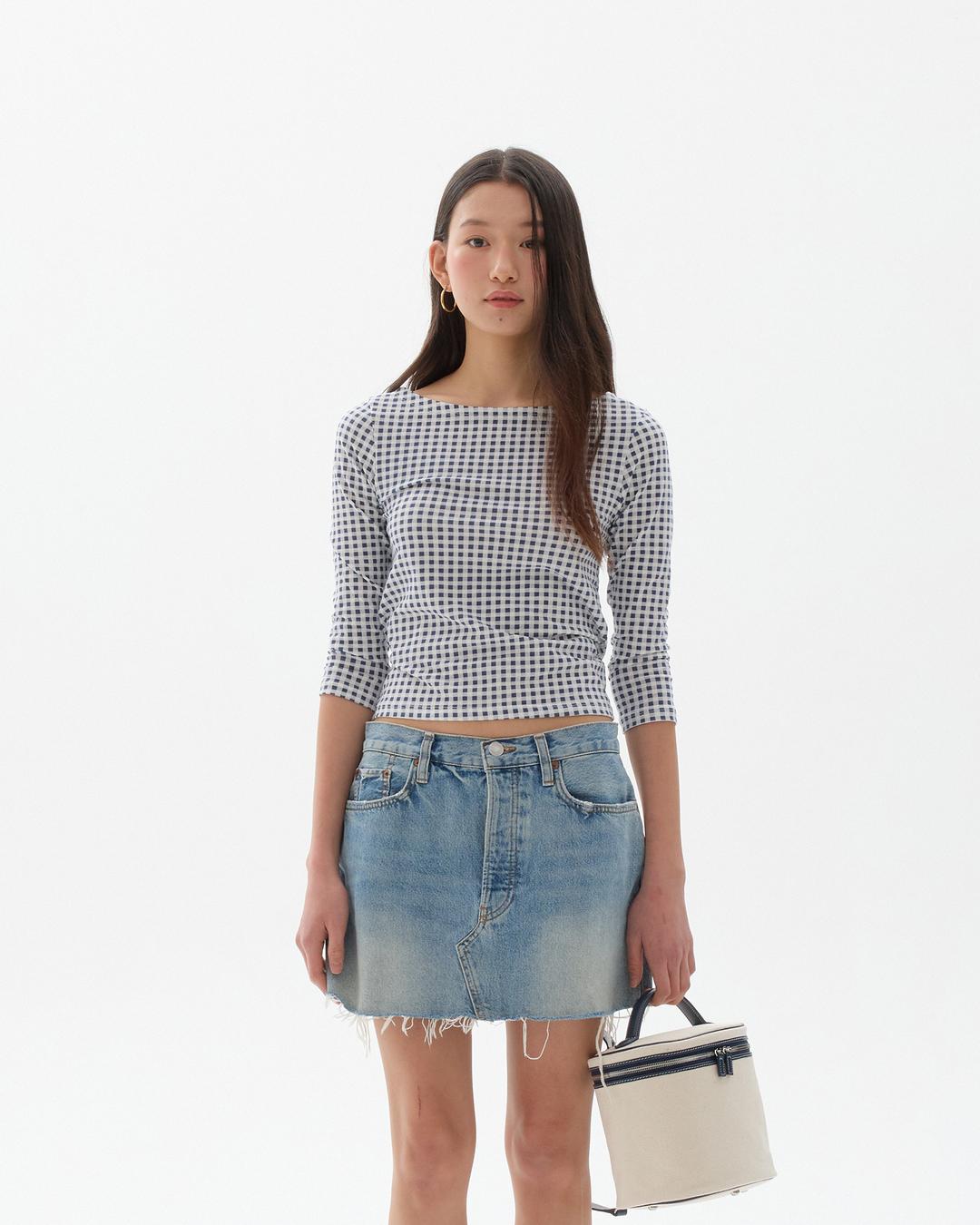 Gingham Boat Neck Tee / Navy