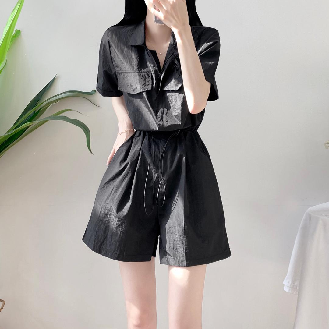 [3color/스트링] 점프수트 바스락 포켓 집업 카라 셔츠 허리 밴딩 반팔 미니 원피스