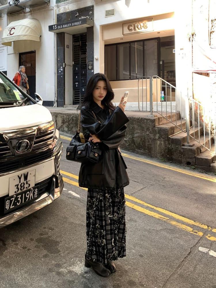 [더누베]플레드 플라워 허리밴딩 체크 롱 스커트