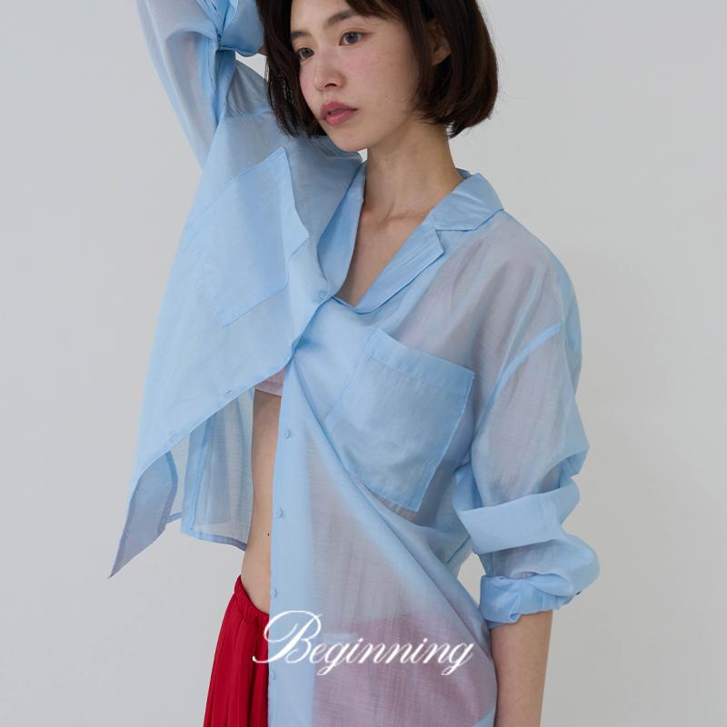 프롬비기닝 [MADE]실키 오픈카라 블라우스 (2color) (블라우스 여름셔츠 살안타템 여름블라우스 출근룩 여름 오버핏셔츠 휴양지룩 썸머 시스루셔츠)
