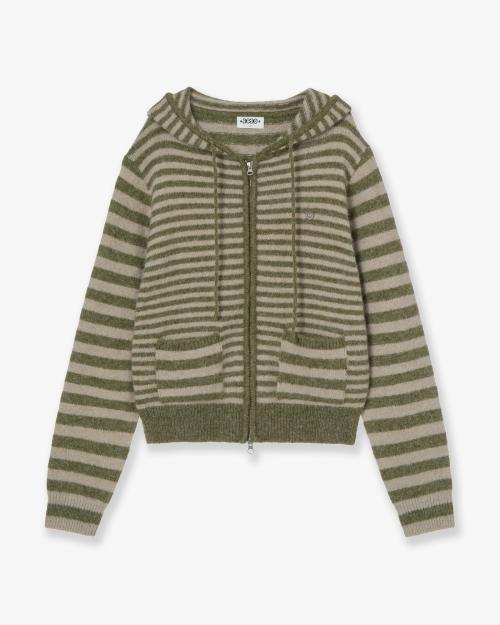 STRIPE HOOD KNIT ZIP UP [KHAKI]